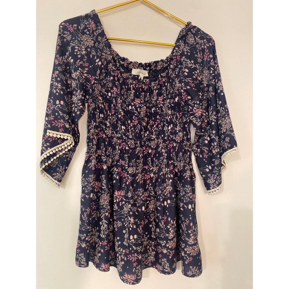 Chenault Womens Navy Floral Smocked Bodice Bell Sleeve Crochet Lace Trim Top Med